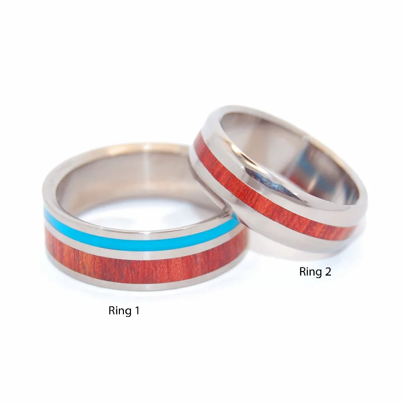 unique wedding rings -Shore Up My Heart | Blood Wood & Turquoise Resin Wedding Ring Set