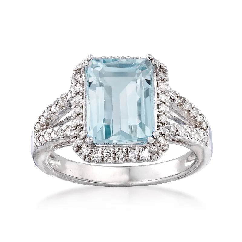 engagement rings with baguette diamonds -Ross-Simons Aquamarine and . Diamond Ring in Sterling Silver