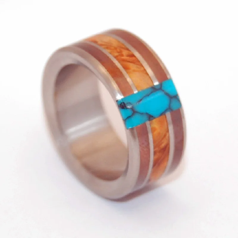 unique rings with gemstones -Good Man | Men's Golden Box Elder Wood, Copper & Turquoise Titanium Wedding Ring