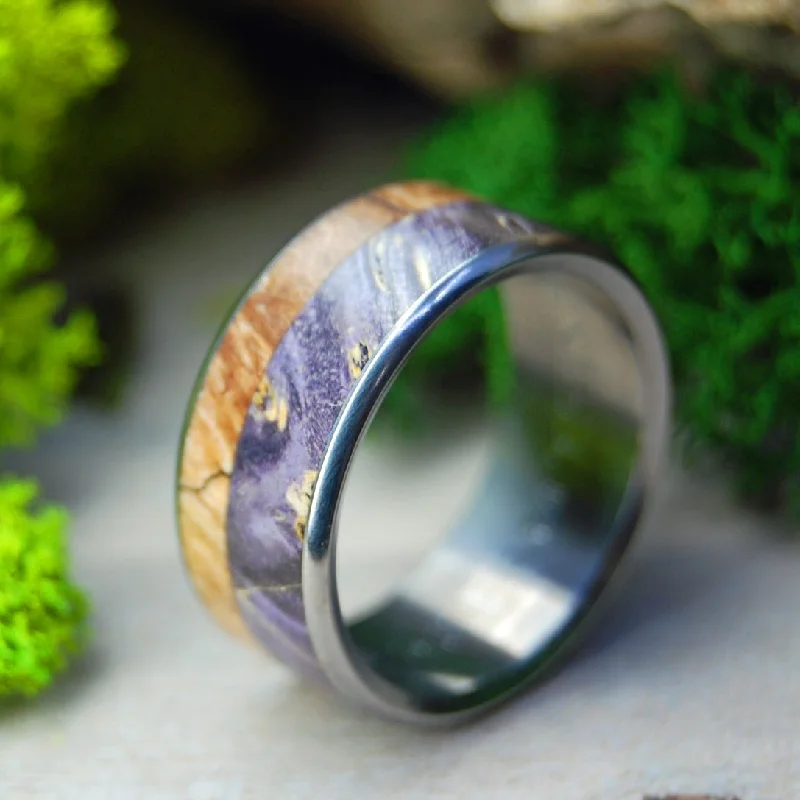 women’s stacking rings -Spalted Maple And Purple Box Elder | Men's Spalted Maple, Purple Box Elder & Titanium Wedding Ring