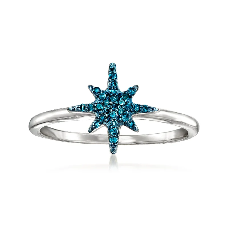 luxurious engagement rings -RS Pure by Ross-Simons Blue Diamond North Star Ring in Sterling Silver