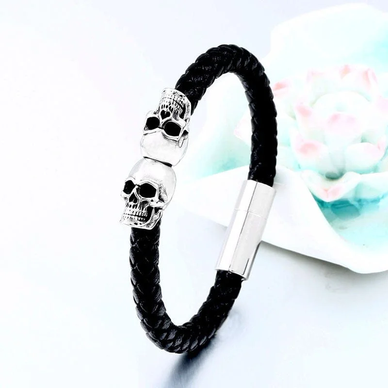 beautiful gemstone bangles -Men's Punk Skull Faux Leather Bracelet