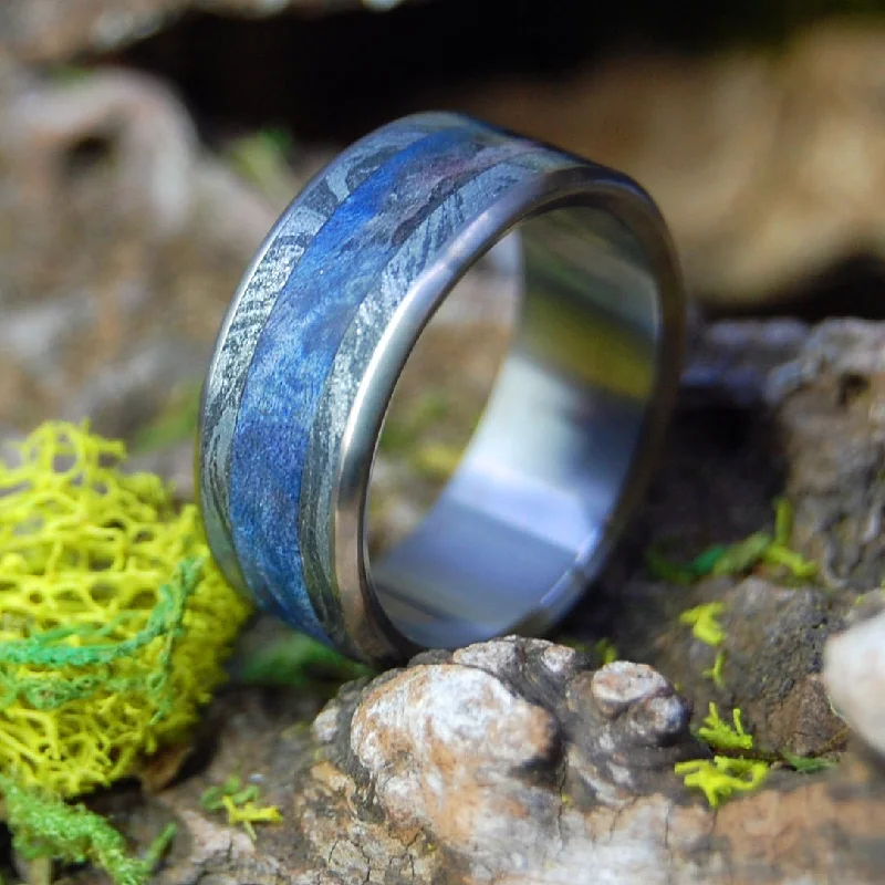 luxury gemstone rings -I Desire You | Men's Blue Box Elder, Black Silver Mokume Gane & Titanium Wedding Ring