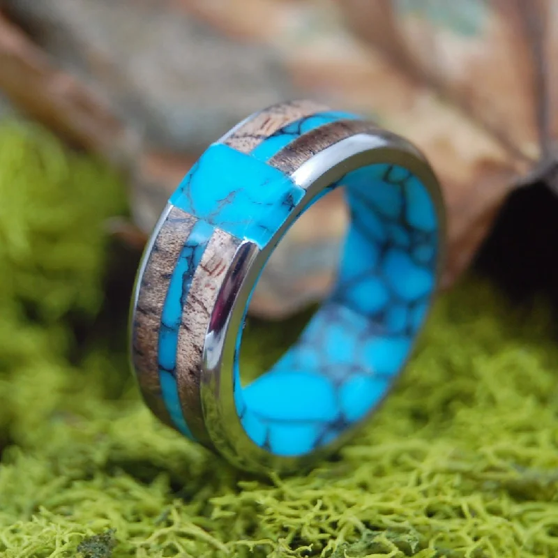 diamond-studded wedding rings -Eternal Turquoise Cross | Men's Koa Wood, Turquoise & Titanium Wedding Ring