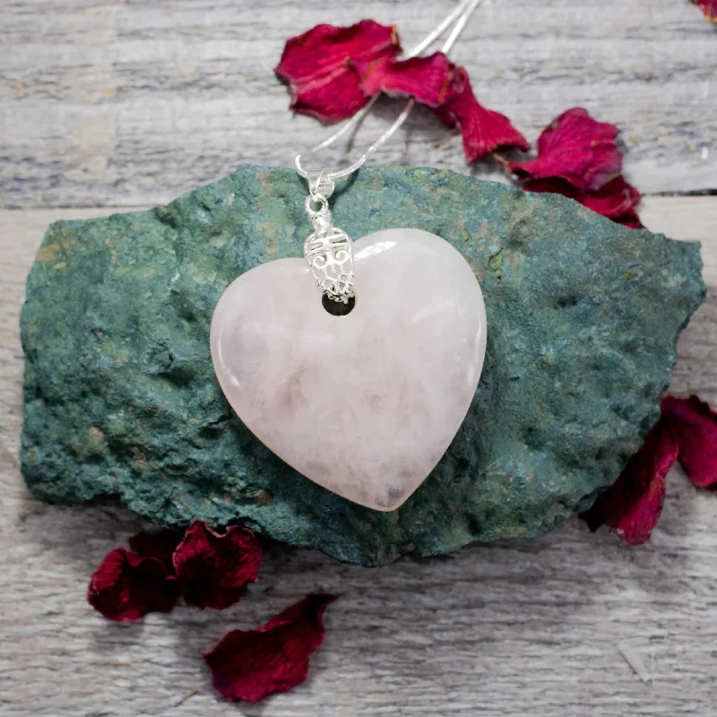 silver plated necklaces -Rose Quartz Heart Necklace