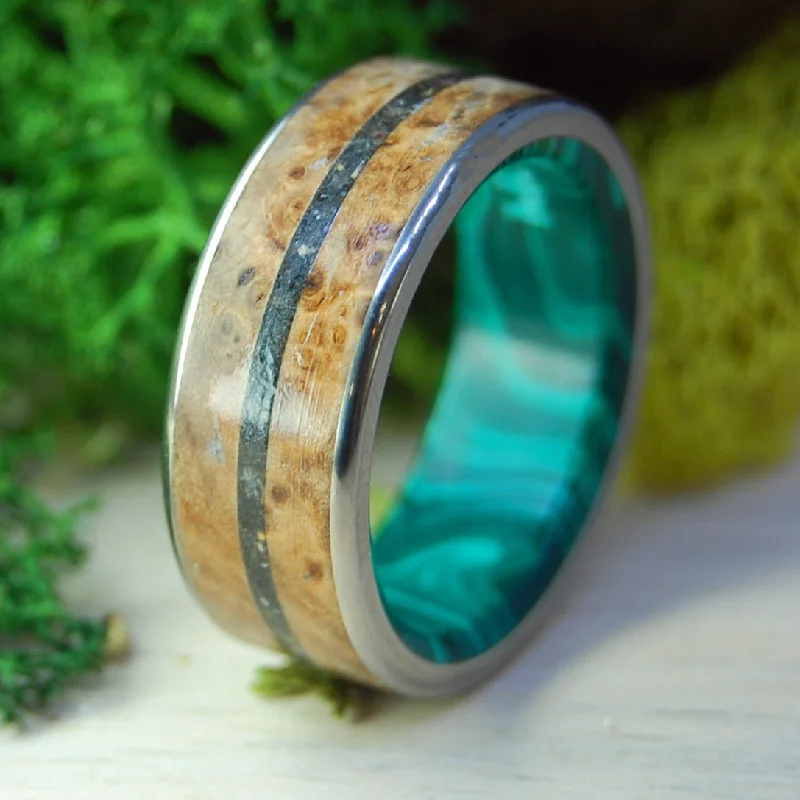 women’s signet rings -Golden Iceland Ii | Men's Lava, Malachite Stone, Golden Box Elder & Titanium Wedding Ring