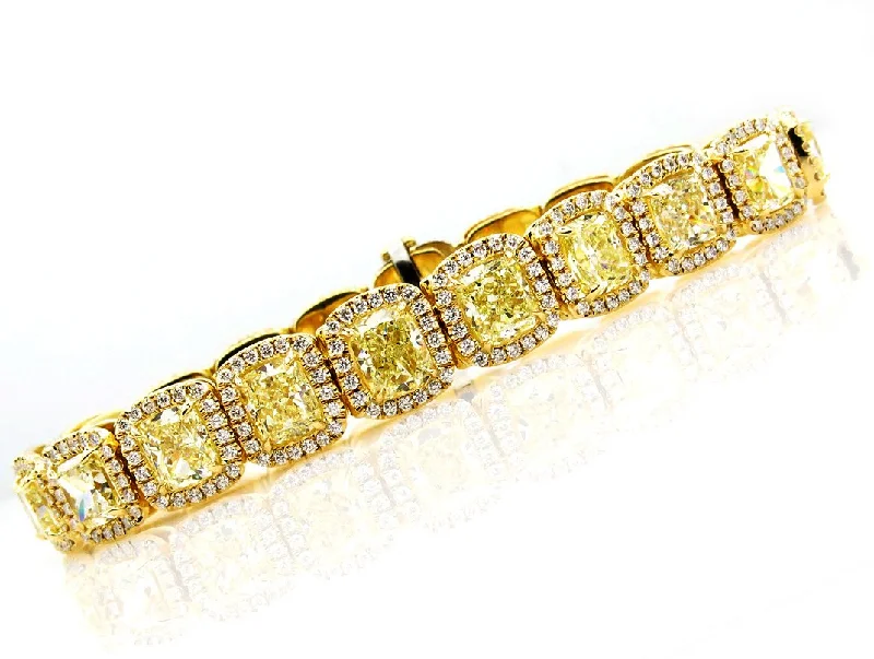 trendy charm bracelets -Magnificent 27.28ct Natural Fancy Yellow Radiant Cut Tennis Line Bracelet 18k YG