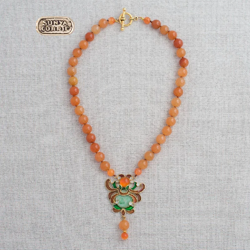 chic statement necklaces -Enamel and Jade Pendant Carnelian Bead Necklace