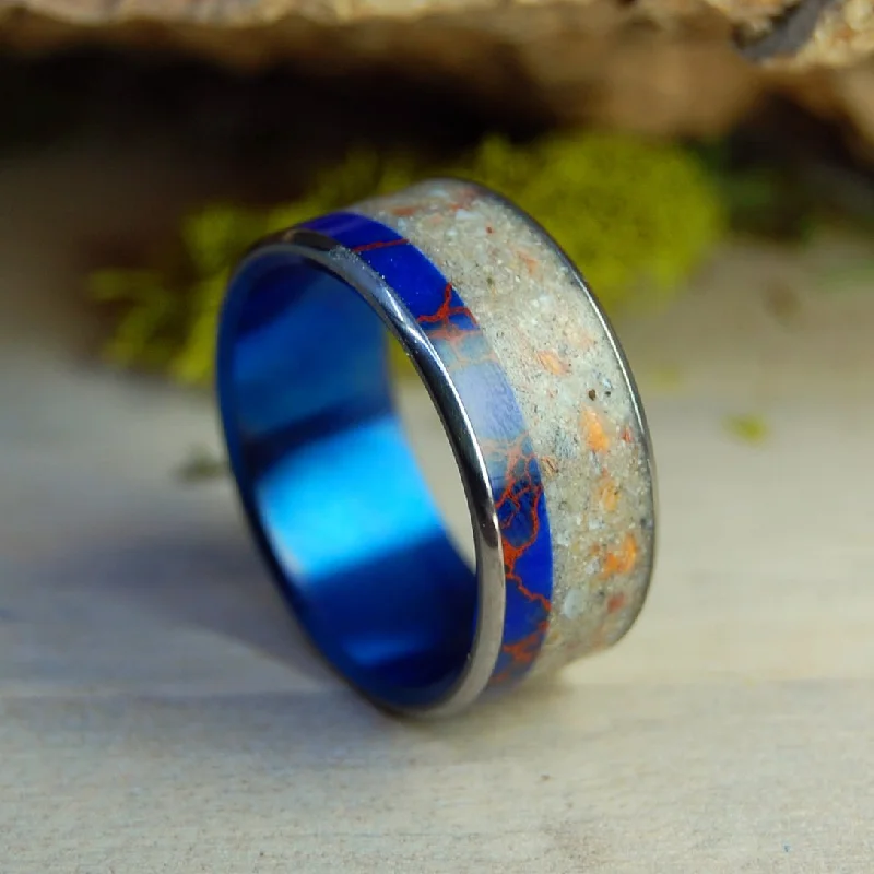 men’s rings -Culebrita Puerto Rico Blue | Men's Jasper Stone, Beach Sand & Titanium Wedding Ring