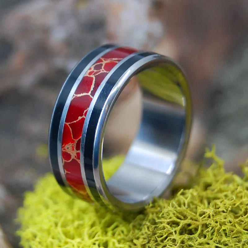 engagement rings for women -In Shanghai | Men's Red Gold Webbed Jasper, Onyx & Titanium Wedding Ring