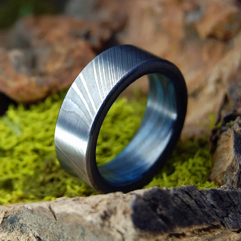 matching rings for couples -Damascus Black Blue | Men's Damascus Steel, Damasteel & Blue Black M3 Wedding Ring