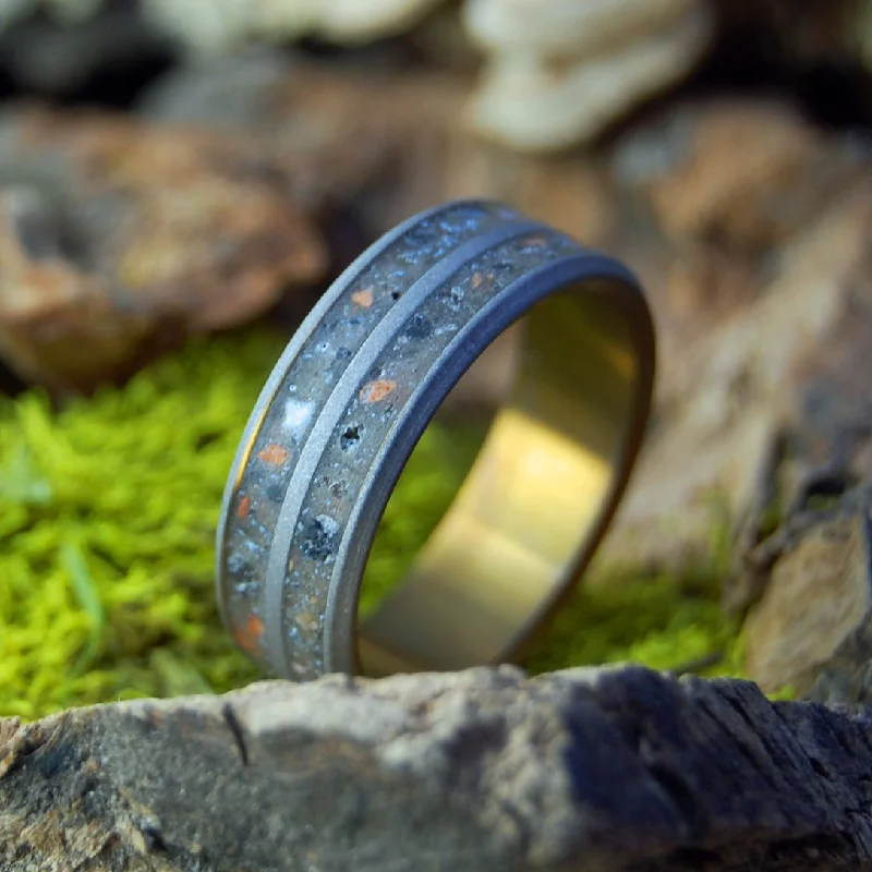 unique gold wedding rings -Bronze & Sandblasted Tomb Of Christ | Men's Jerusalem Earth, Armenian Obsidian & Bronze Wedding Ring