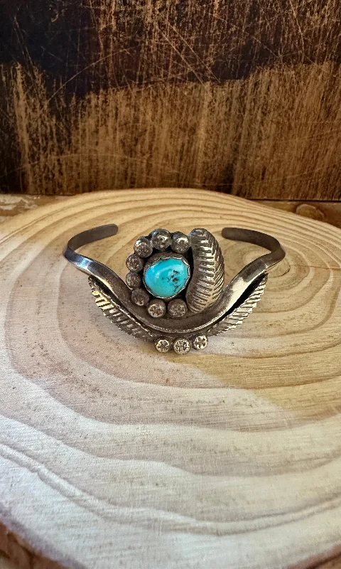 luxury bracelet bangles -LEAFY APPLIQUE CUFF Navajo Turquoise Sterling Silver Cuff 16g