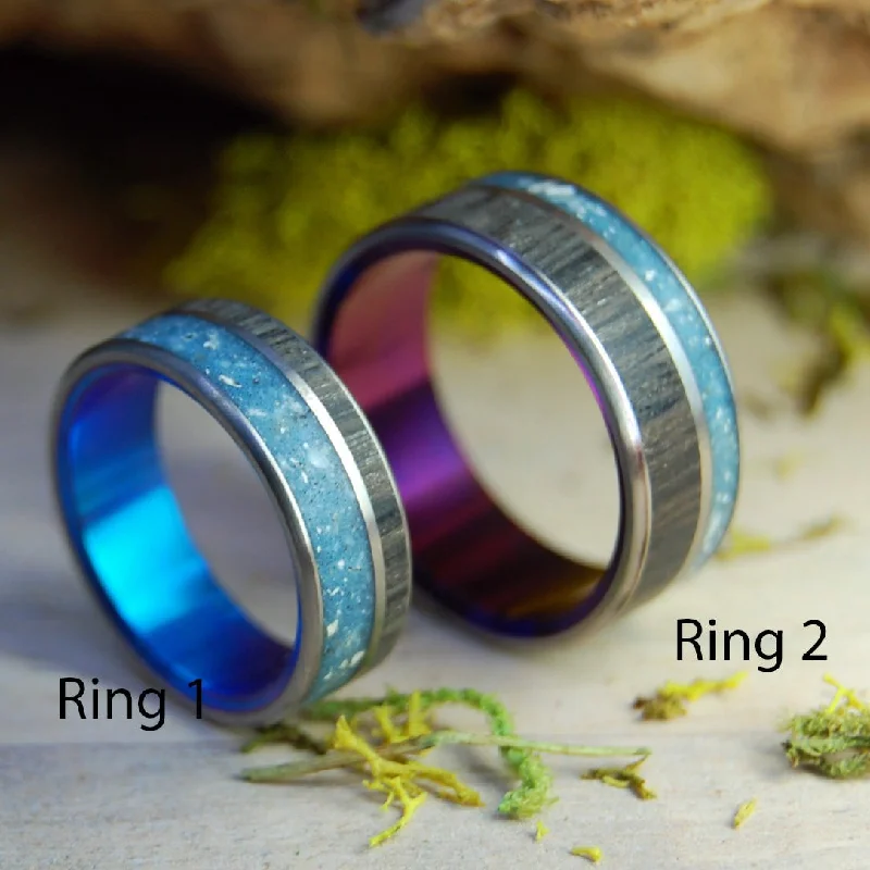 women’s stacking rings -Your Personal Rocks Or Sand Purple And Blue | Your Rocks And Sand & Irish Bog Oak - Titanium Wedding Ring