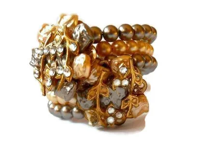 bangles for women with stones -Haskell Style Baroque Faux Pearl and Rhinestone Wire Bracelet circa 1960s