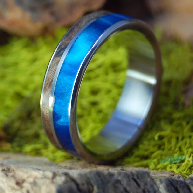 statement rings for women -Boosheret I Blue Marbled Opalescent & Dark Maple Wood Wedding Ring | Men's Blue Marbled Opalescent, Dark Maple Wood & Titanium Wedding Ring