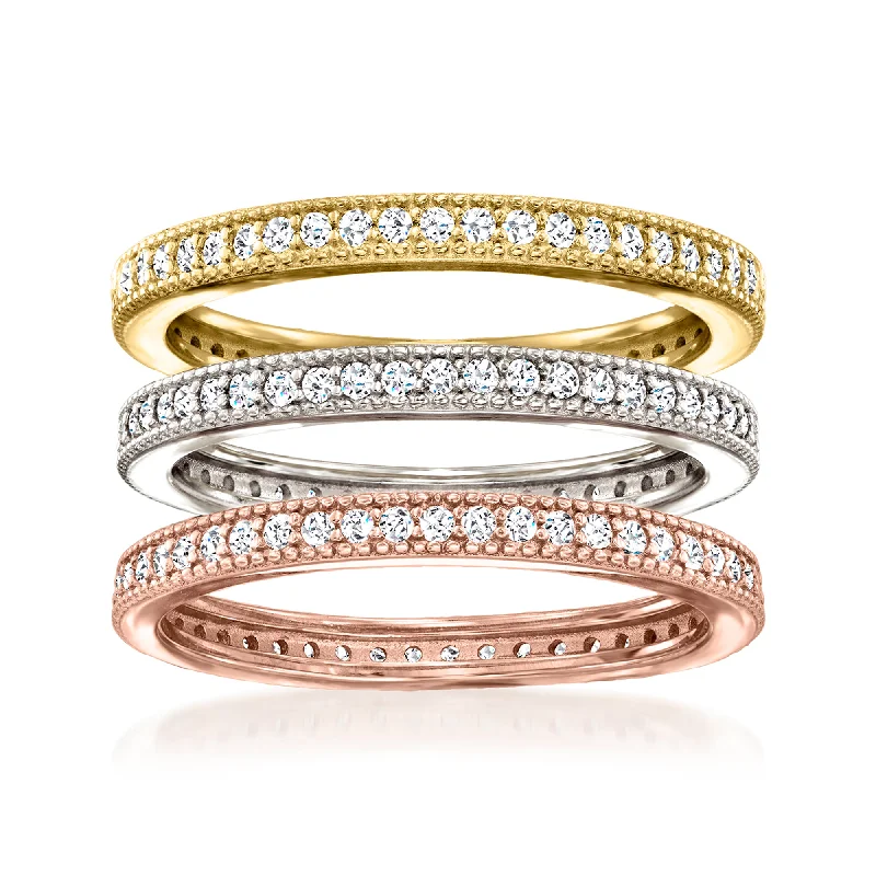 simple engagement rings -Ross-Simons CZ Jewelry Set: 3 Stacked Rings in Tri-Tone Sterling Silver