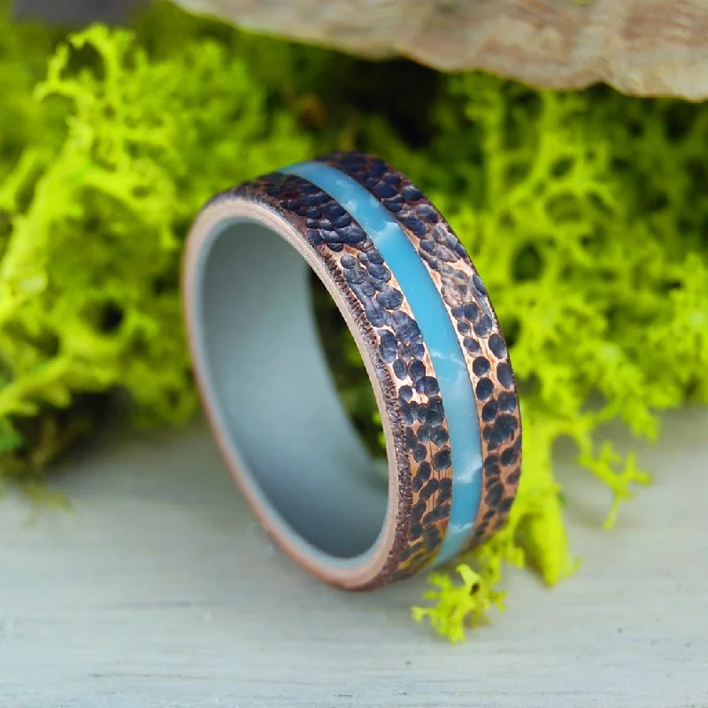 minimalist rings for women -Beaten Copper Larimar | Men's Larimar Stone, Copper & Titanium Wedding Ring