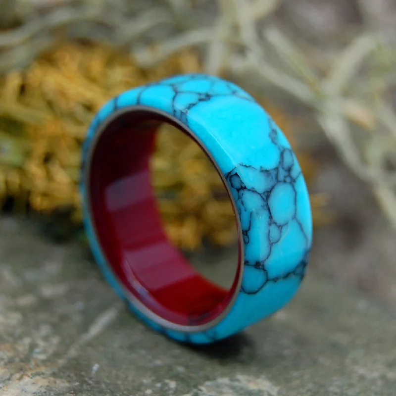 engagement rings with emerald -Blood Red Beneath | Men's Turquoise, Red Resin & Titanium Wedding Ring