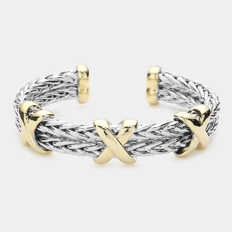 women’s wide bangles -Wona Trading, Inc. - Triple Crisscross Accented Metal Cuff Bracelet