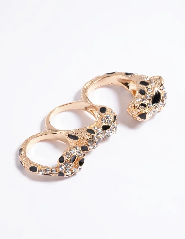 trendy engagement rings -Gold Leopard Double Finger Ring