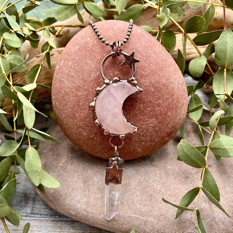 luxury diamond pendant necklaces -Rose Quartz Moon Necklace with Quartz Drop