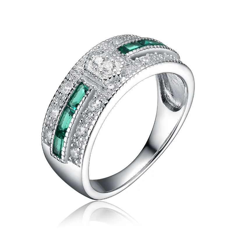 timeless engagement rings for women -GENEVIVE Sterling Silver Emerald Cubic Zirconia Pave Cocktail Ring