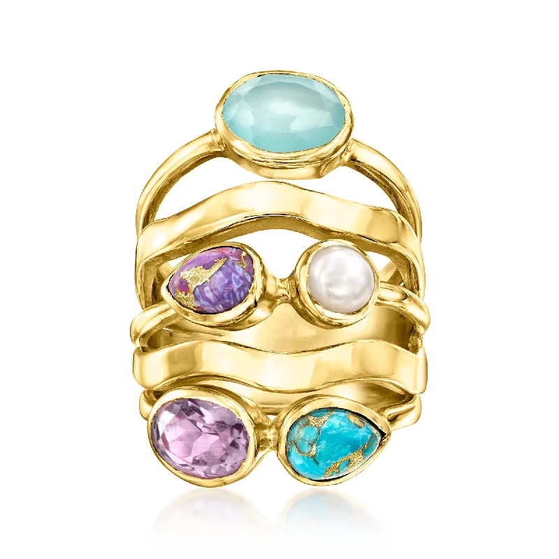 engagement rings with halo settings -Ross-Simons 4.5-5mm Cultured Pearl and Multi-Gemstone Ring in 18kt Gold Over Sterling