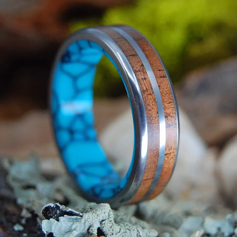 gold band rings for women -Double Koa To The Sea | Men's Koa Wood, Turquoise & Titanium Wedding Ring