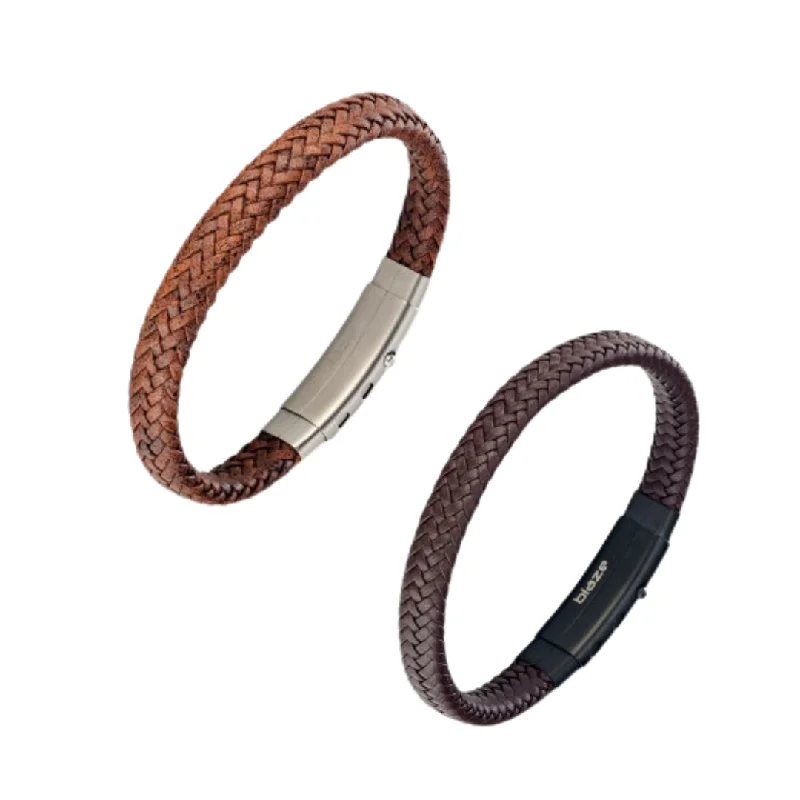 trendy bracelet bangles -Leather & Stainless Steel Men's Bracelet - Thick Brown Braid Various