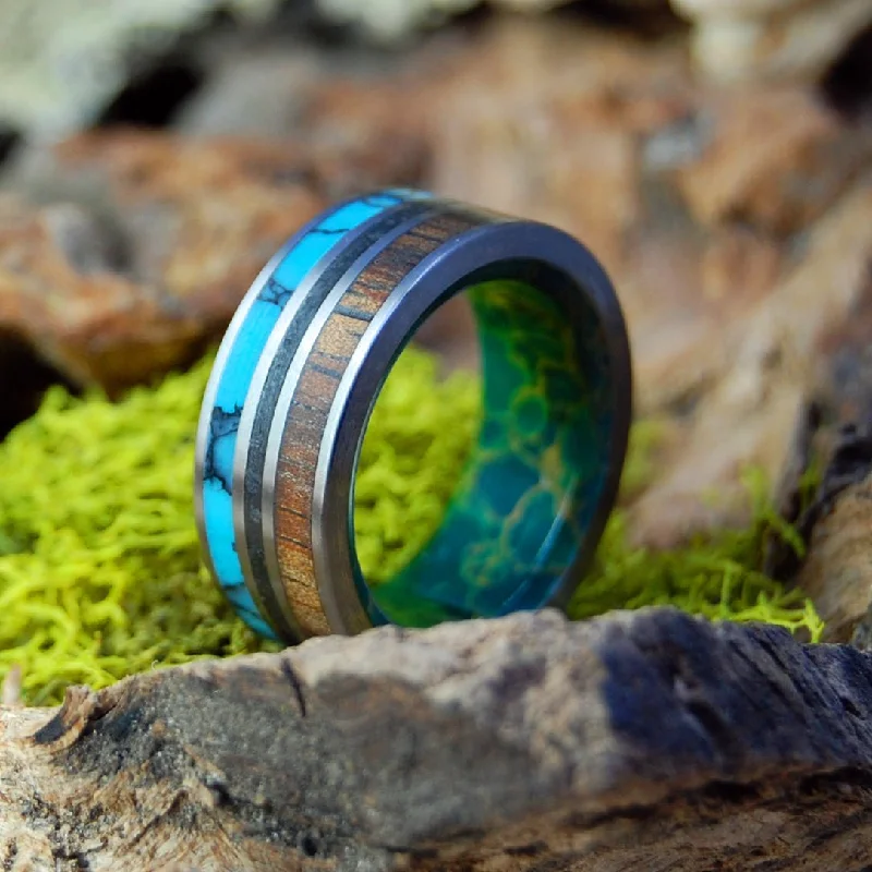 cocktail rings for women -All Of Iceland In My Heart | Men's Icelandic Lava Sand, Turquoise, Koa Wood & Titanium Wedding Ring