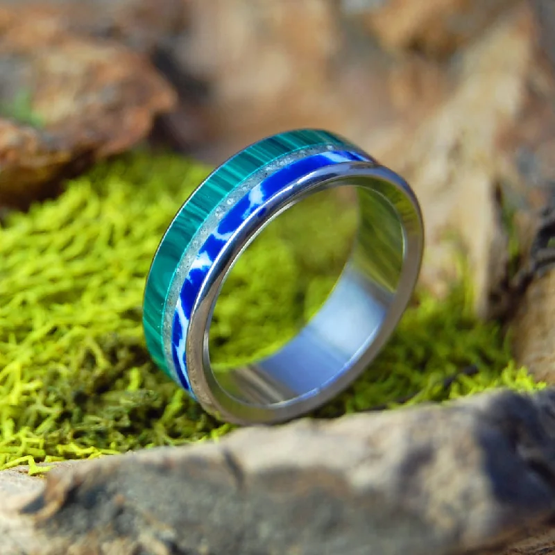 best selling rings for women -Mexican Malachite | Men's Malachite, Cobalt Stone, Oaxaca Sand & Titanium Wedding Ring