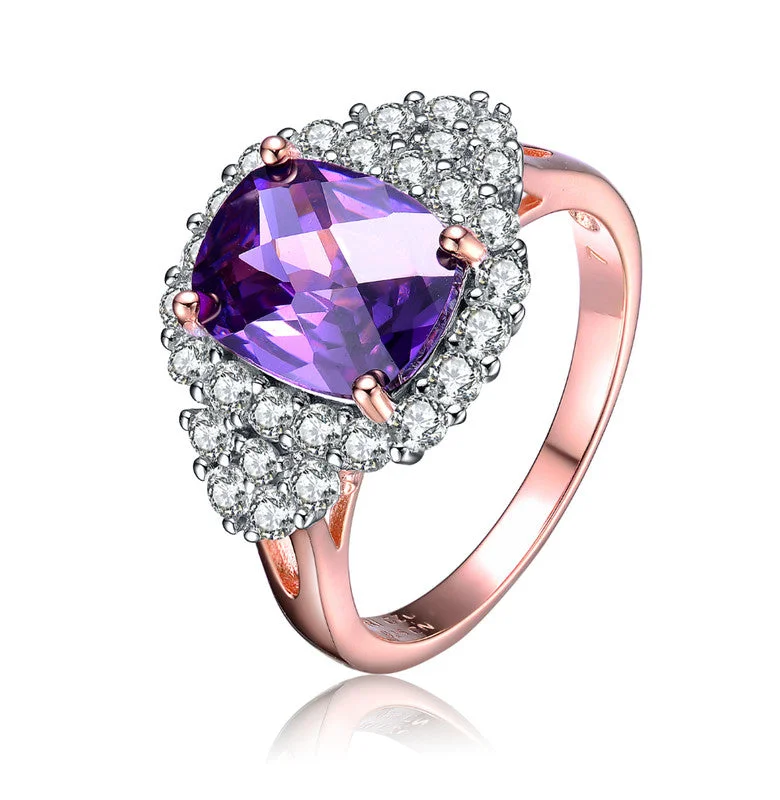 best engagement rings for women -GENEVIVE Sterling Silver Rose Gold Plated Amethyst Cubic Zirconia Pave Cocktail Ring