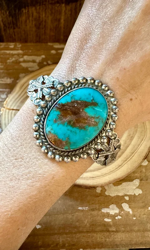 cute charm bracelets -JANE YIKAAZBA POPOVITCH Navajo Vintage 30s/50s Turquoise Sterling Silver Cuff 28g