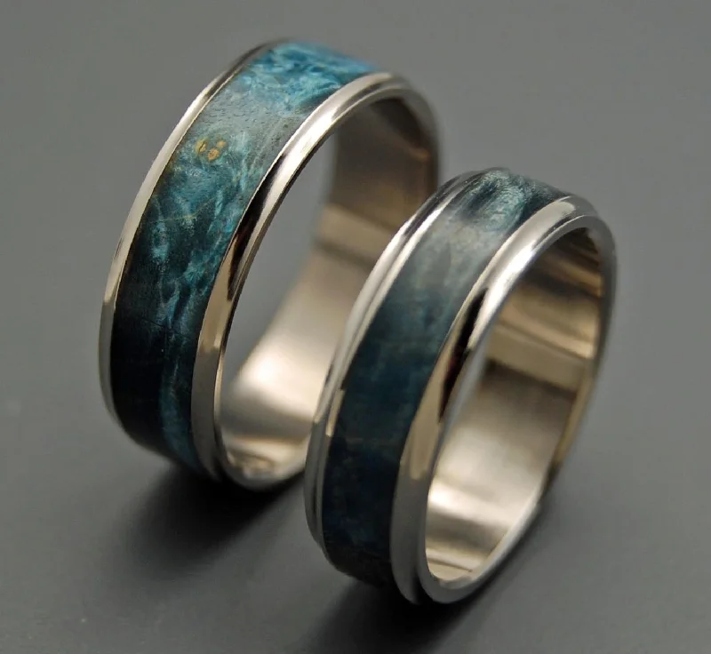 eternity rings for women -Caspian | Blue Box Elder Wood & Titanium Wedding Ring Set - Wooden Wedding Ring