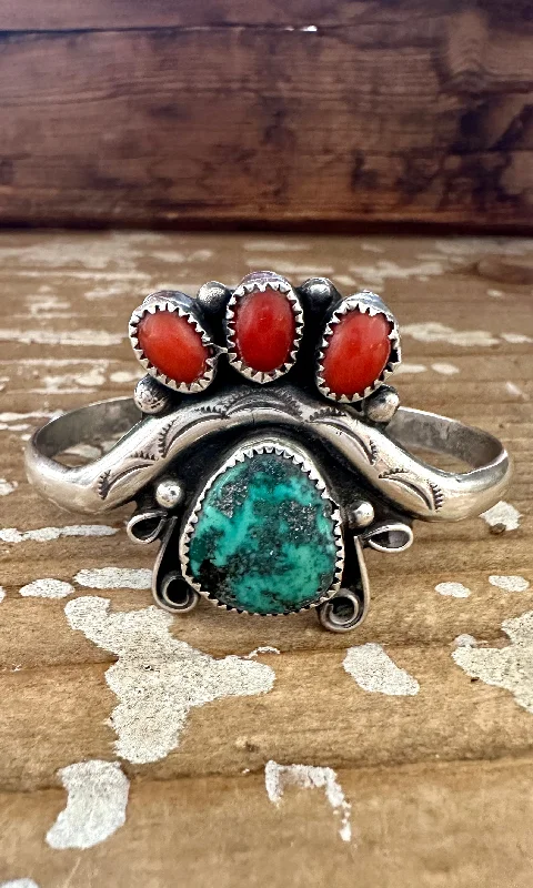 bracelet sets for women -SEE THROUGH Sterling Silver, Coral, Turquoise Cuff 22g