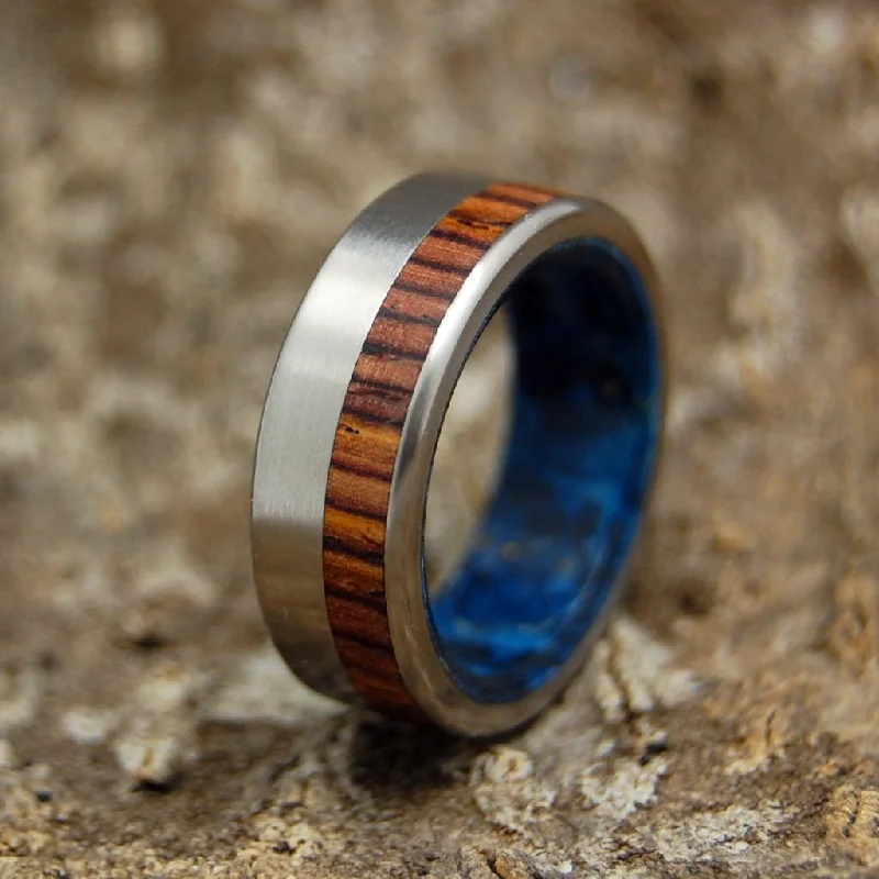 women’s promise rings -Private Universe | Men's Cocobolo Wood, Blue Box Elder Wood & Titanium Wedding Ring