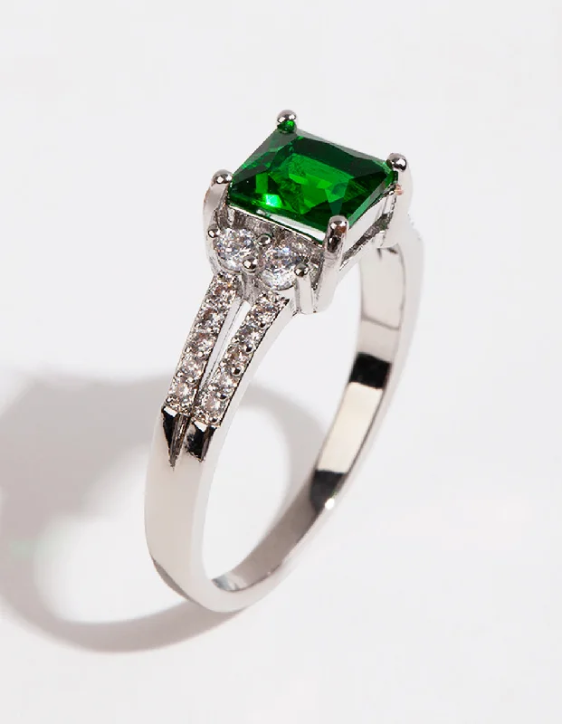 modern designer engagement rings -Rhodium Square Emerald Cubic Zirconia Ring