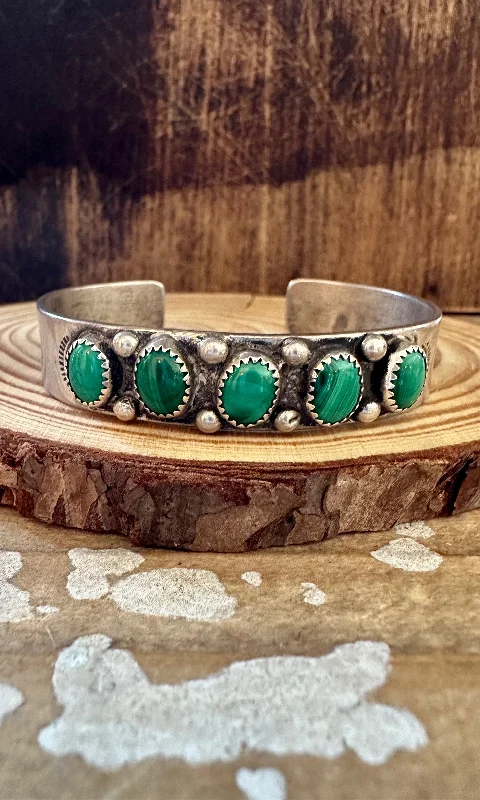 gold-plated bangles for women -STONE OF TRANSFORMATION  50s 60s Navajo Malachite & Silver Cuff