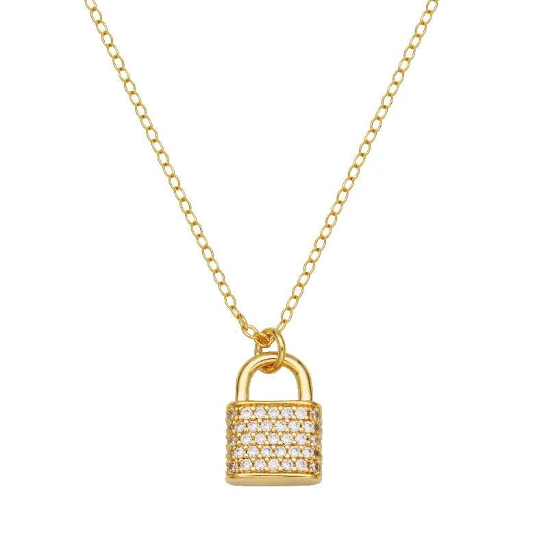 wedding anniversary necklaces -18k Gold Plated Pave CZ Lock Pendant Necklace