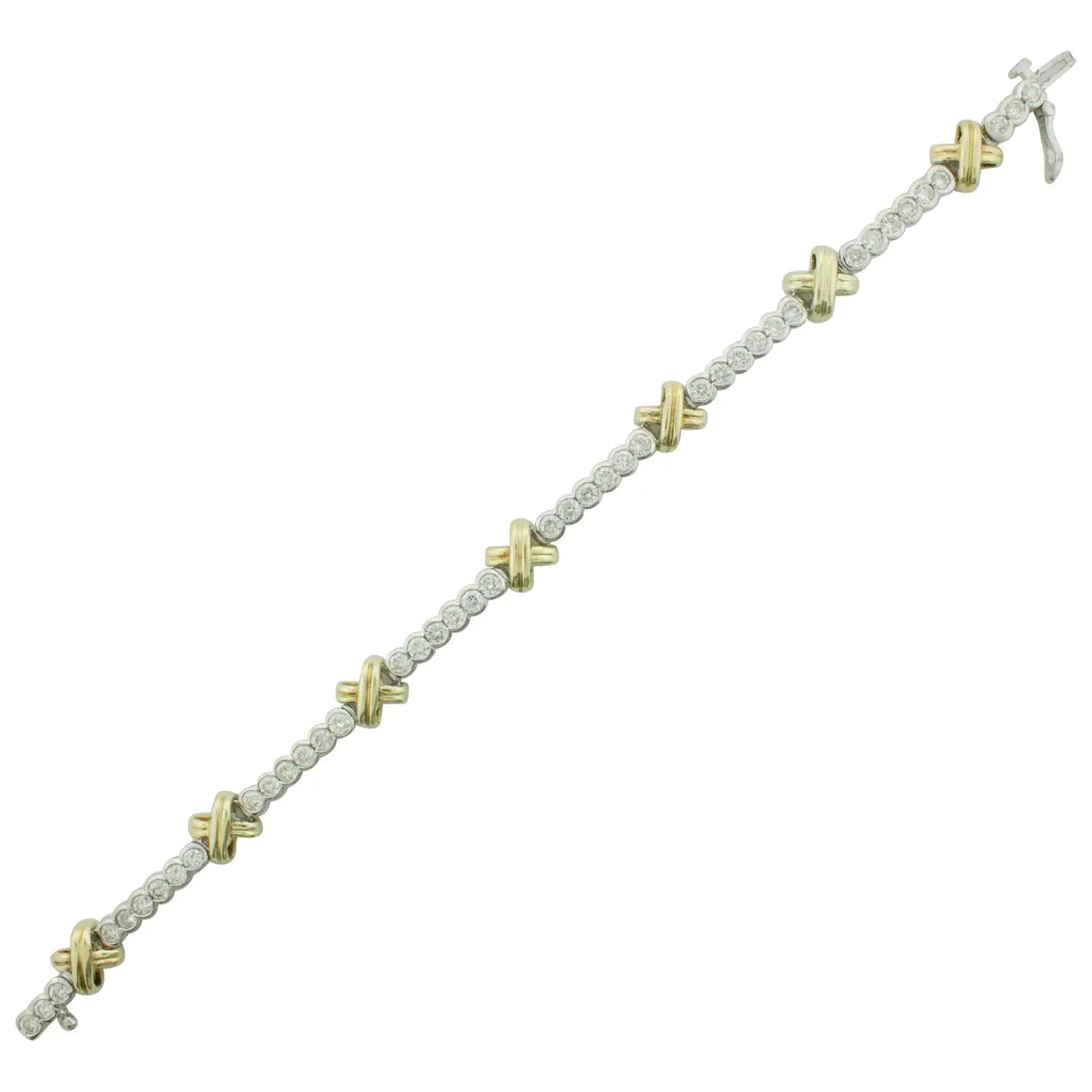 stackable bangle bracelets -Yellow and White Gold Diamond "X" Tennis Bracelet