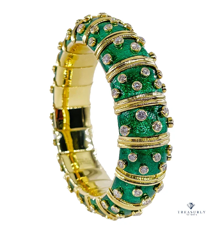 bracelet bangles set -Tiffany & Co. Schlumberger Green Enamel Diamond Bangle Bracelet 18kt Gold France