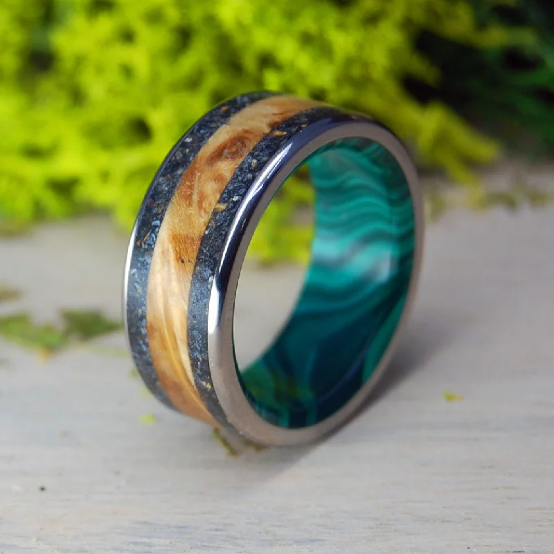 elegant gold rings -Golden Iceland | Men's Lava, Malachite Stone, & Golden Box Elder Wedding Ring