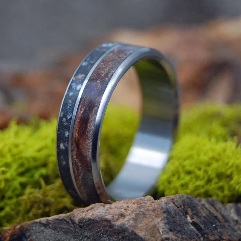 unique rings with gemstones -Beach Heart | Men's Icelandic Black Beach Sand, Dark Maple Wood & Titanium Wedding Ring