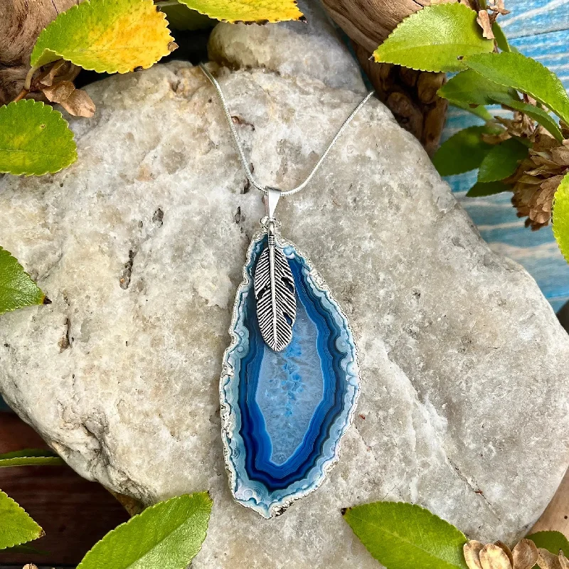 women’s choker style necklaces -Blue Ocean Agate Necklace With Feather