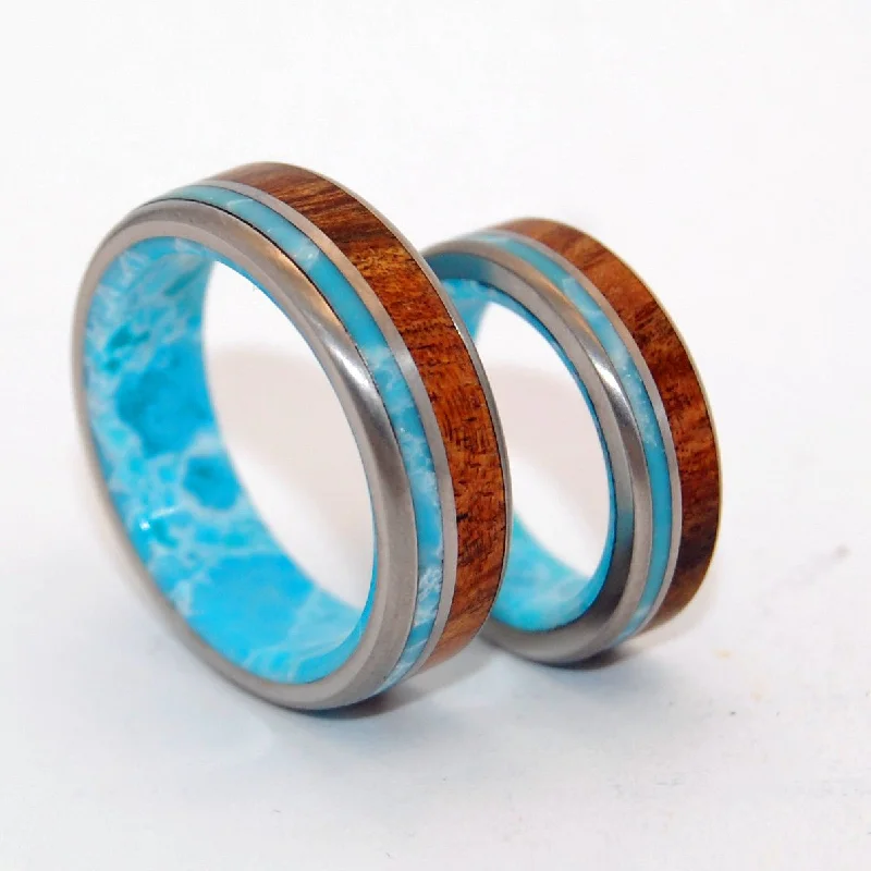 unique wedding rings -Liina Terra | Larimar Stone & Koa Wood Titanium Wedding Ring Set