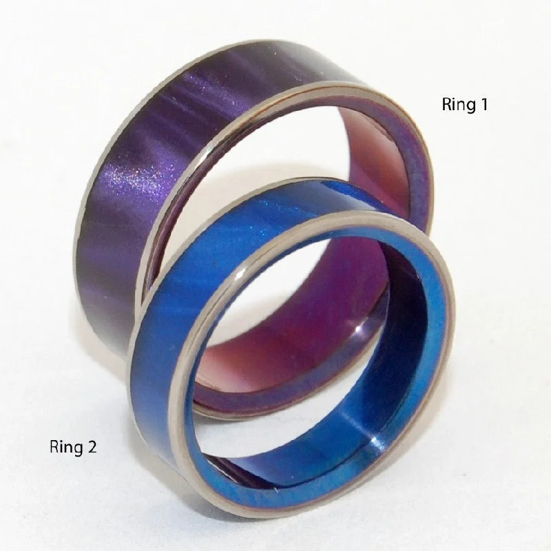 beautiful sapphire rings -Sea Bed Beauty | Purple Opalescent & Blue Marbled Opalescent Resin - Titanium Wedding Ring Set