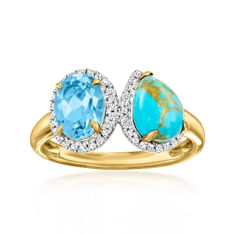 engagement rings with blue diamonds -Ross-Simons Turquoise and Swiss Blue Topaz Toi Et Moi Ring With . Diamonds in 14kt Yellow Gold