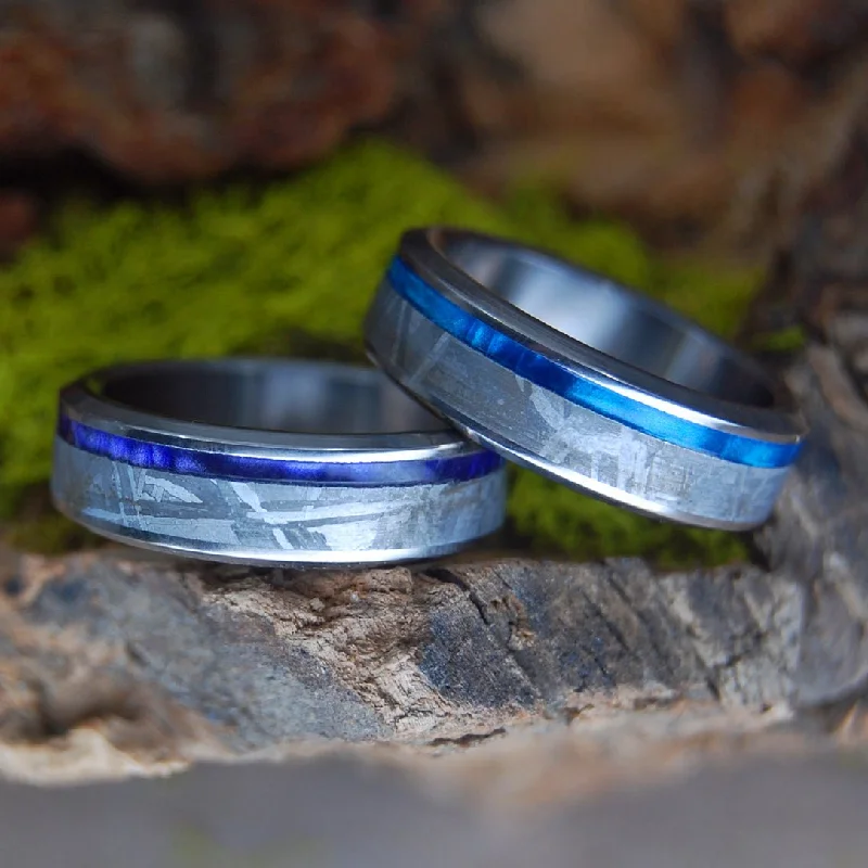 gold wedding bands -Skyward | Meteorite & Marbled Opalescent - Meteorite Wedding Ring Set