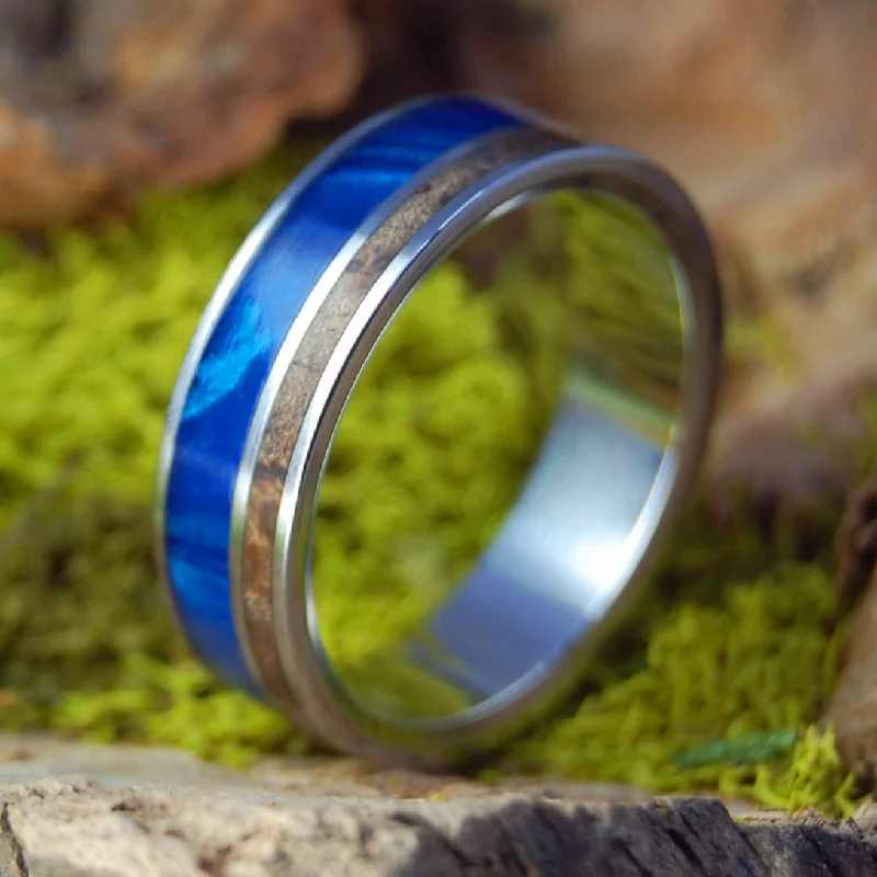 trendy stackable rings -Boosheret Inox I Blue Marbled Opalescent & Dark Maple Wood Wedding Ring | Men's Blue Marbled Opalescent, Dark Maple Wood & Titanium Wedding Ring